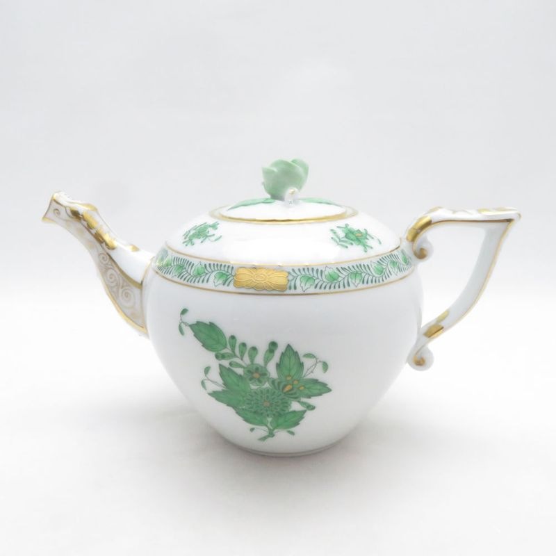 美品 Herend ヘレンド アポニーグリーン AV 608 ティーポット ミニ ローズ摘み ミニ 茶器 金彩 SU14398D1 【中古】