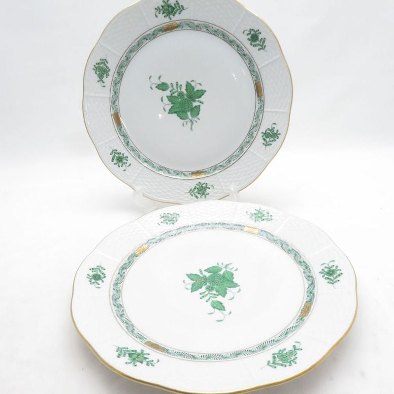 美品 Herend ヘレンド アポニーグリーン AV 524 大皿 2枚 ペア 25cmプレート ディナー 金彩 SU14402D1 【中古】