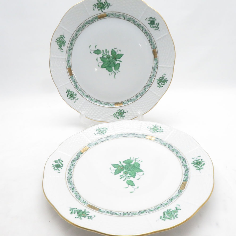 美品 Herend ヘレンド アポニーグリーン AV 524 大皿 2枚 ペア 25cmプレート ディナー 金彩 SU14402D1 【中古】