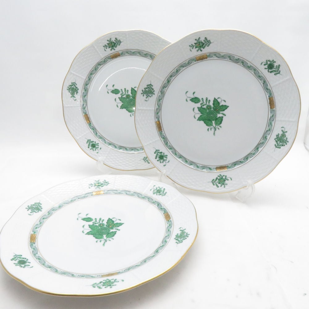 美品 Herend ヘレンド アポニーグリーン AV 524 大皿 3枚 セット 25cmプレート ディナー 金彩 SU14403D1 【中古】