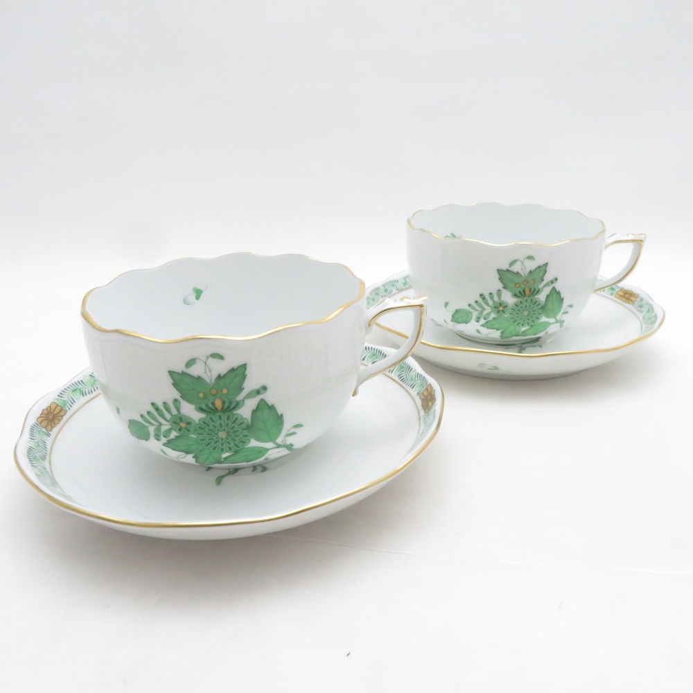 美品 Herend ヘレンド アポニーグリーン AV 724 ティーカップ＆ソーサー 2客 ペア 金彩 紅茶 碗皿 テーブルウェア SU14406D1 【中古】