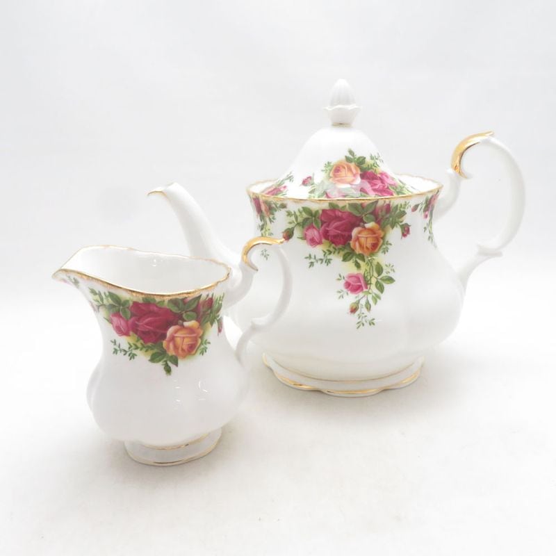 ROYAL ALBERT ロイヤルアルバート オールドカントリーローズ ティーポット クリーマー 2点 セット 紅茶 クリーム ミルク 英国 薔薇 SU14723F2 【中古】