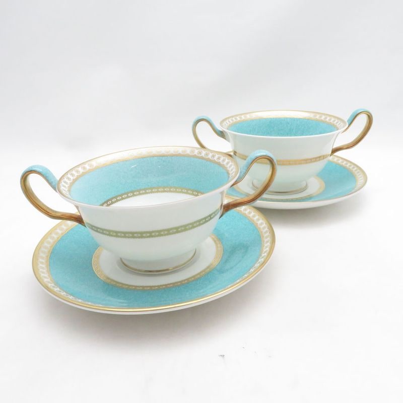 美品 WEDGWOOD ウェッジウッド ユーランダーパウダー ターコイズ スープカップ＆ソーサー 2客 ペア 黒壺 旧刻印 SM5511S2 【中古】