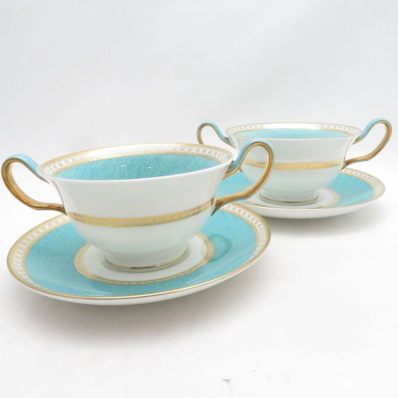 美品 WEDGWOOD ウェッジウッド ユーランダーパウダー ターコイズ スープカップ＆ソーサー 2客 ペア 黒壺 旧刻印 SM5512S2 【中古】