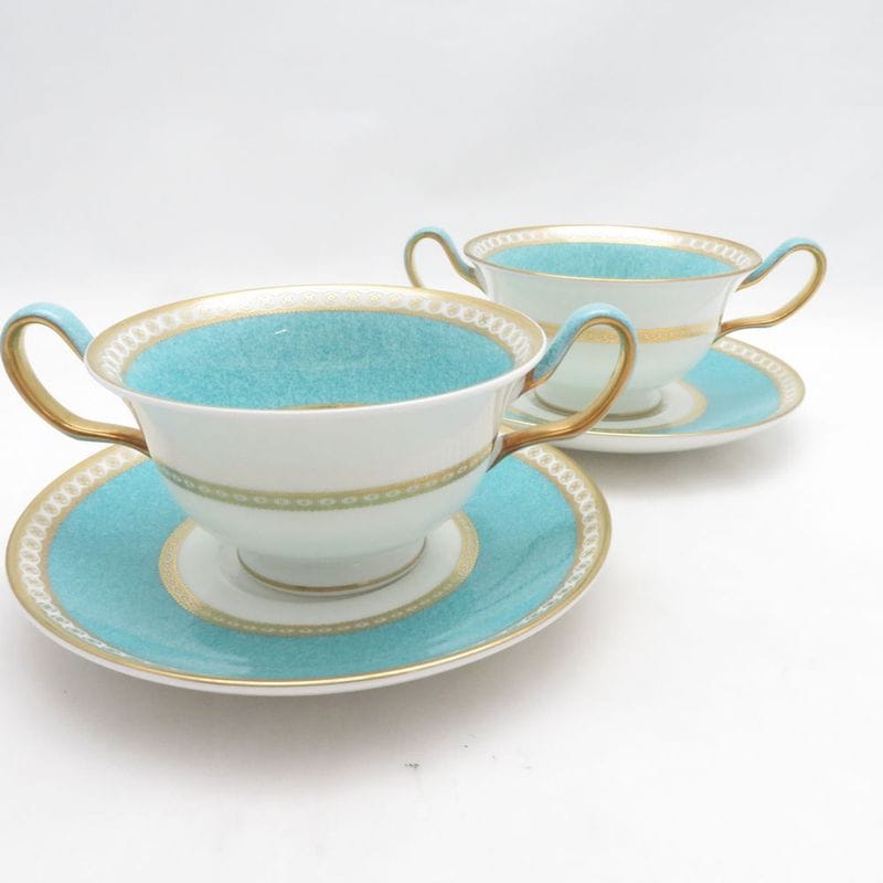 美品 WEDGWOOD ウェッジウッド ユーランダーパウダー ターコイズ スープカップ＆ソーサー 2客 ペア 黒壺 旧刻印 SM5513S2 【中古】