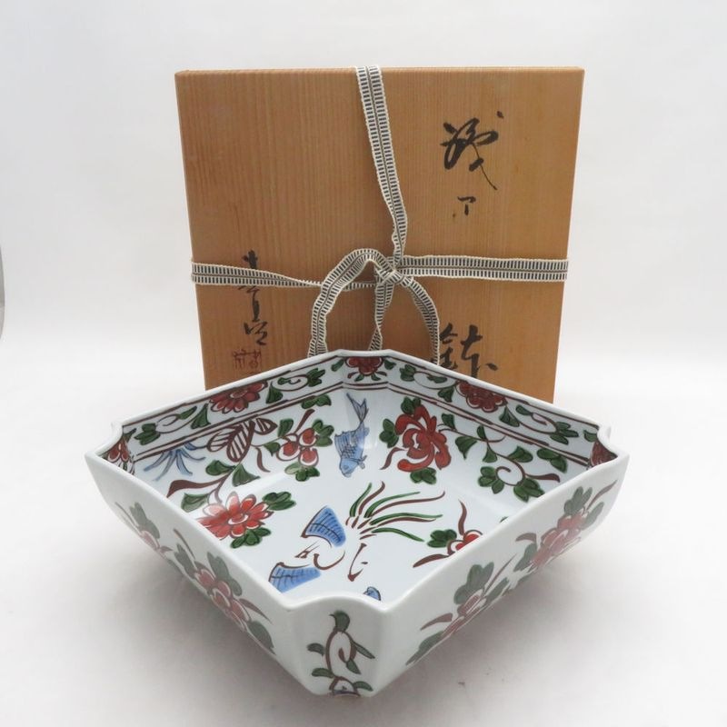 美品 源右衛門窯 赤呉須花鳥図 角鉢 深皿 ボウル 有田焼 和食器 SU14760V2 【中古】