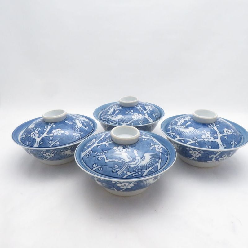 美品 源右衛門窯 染付梅鳥紋 茶碗 4点 セット 蓋向付 有田焼 和食器 SU14761V2 【中古】