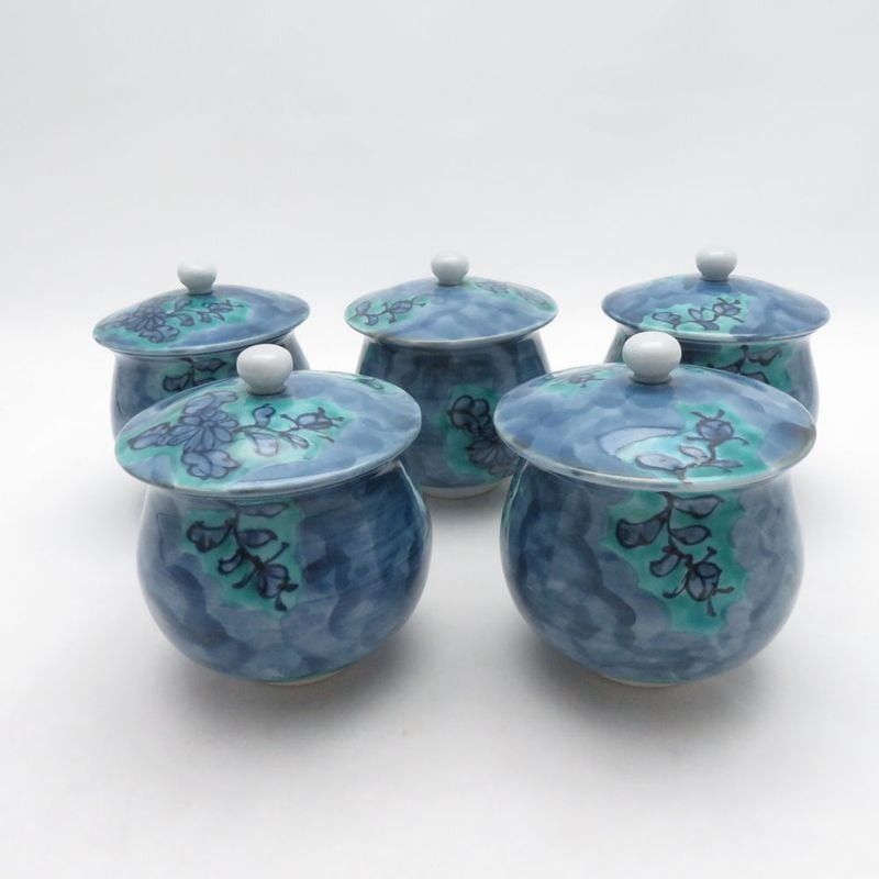 美品 源右衛門窯 染錦青彩菊絵 湯呑 5点 セット 蓋付き 茶道具 有田焼