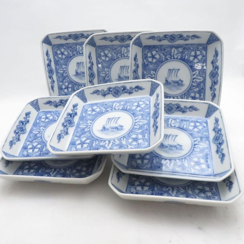 Fukagawa Seiji 深川製磁 角皿 8枚 プレートセット 船 青 白 有田焼 和食器 SU14292F1 【中古】