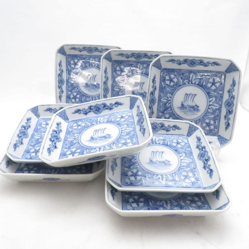 Fukagawa Seiji 深川製磁 角皿 8枚 プレートセット 船 青 白 有田焼 和食器 SU14293F1 【中古】