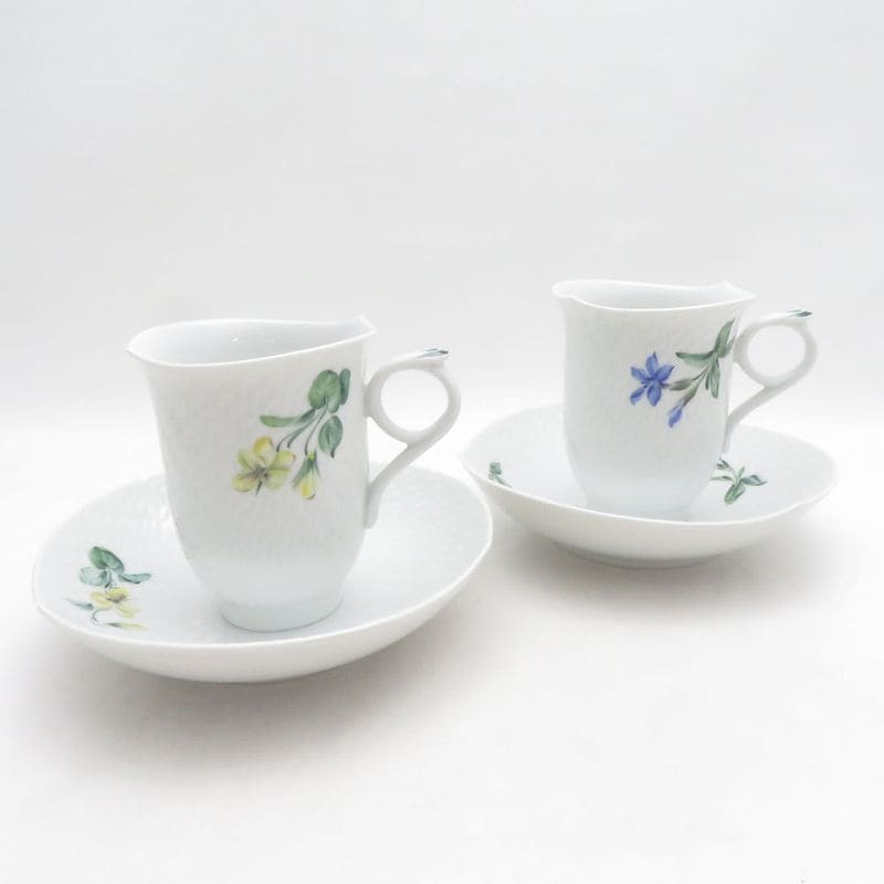 美品 MEISSEN マイセン アルペンフローラ 616101 コーヒーカップ＆ソーサー 2客 セット No.1/No.3 白磁 高級テーブルウェア SU14798C1 【中古】