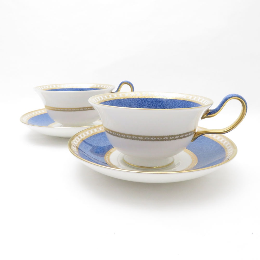 美品 WEDGWOOD ウェッジウッド ユーランダーパウダー ブルー ティーカップ＆ソーサー 2客 ペア ピオニー SM2551E 【中古】
