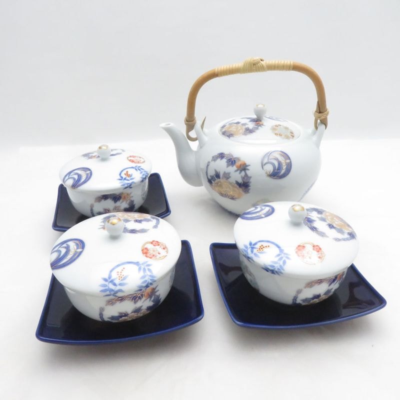 Fukagawa Seiji 深川製磁 染錦花丸紋 汲出碗揃 急須 蓋付湯呑 茶托 7点 セット 茶器 SO4247J2 【中古】