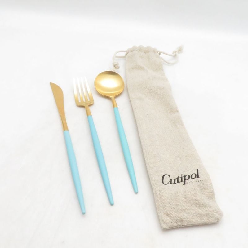 美品 Cutipol クチポール GOA ゴア デザートスプーン フォーク ナイフ 3点 セット 艶消しマット ターコイズ SO4112K1 【中古】