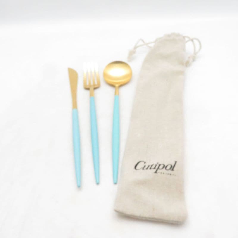 美品 Cutipol クチポール GOA ゴア デザートスプーン フォーク ナイフ 3点 セット 艶消しマット ターコイズ SO4113K1 【中古】