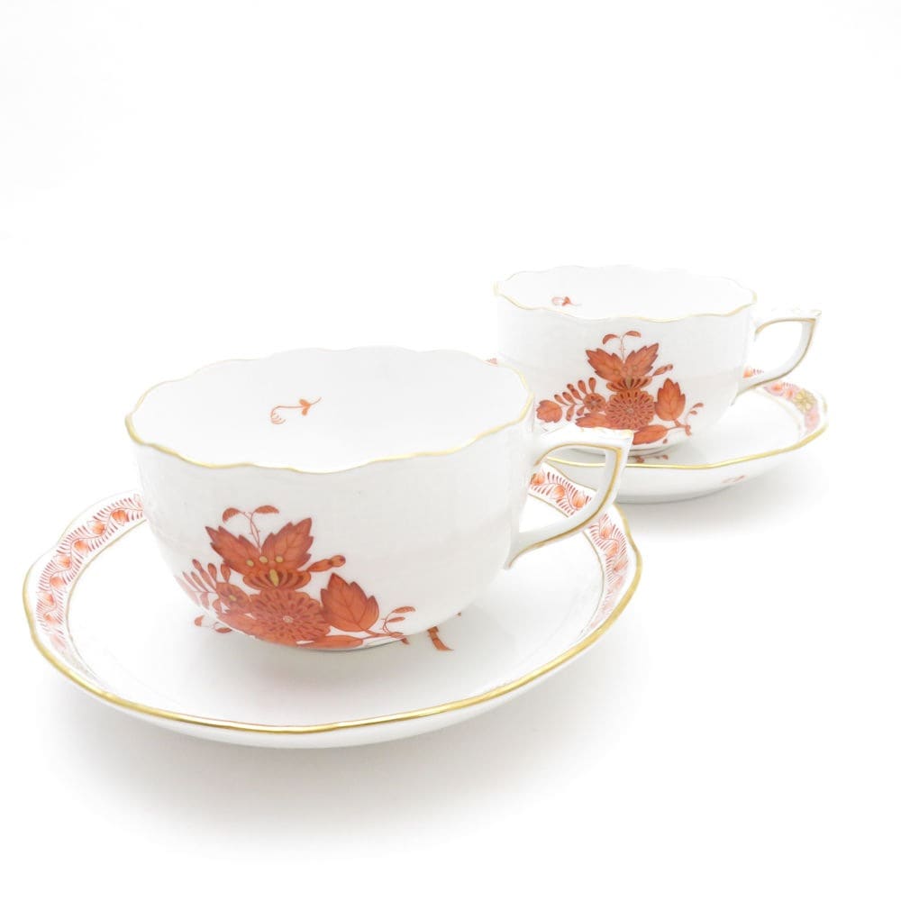 美品 Herend ヘレンド アポニーオレンジ AOG ティーカップ＆ソーサー 2客 ペア SY10399T 【中古】