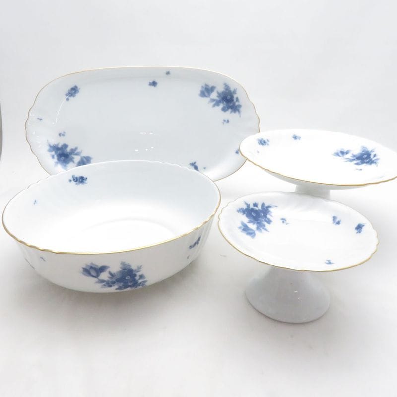 OKURA 大倉陶園 ブルーフラワー ジャネットライン サンドイッチトレイ コンポート ボウル 4点 セット 花柄 SM5732A2 【中古】