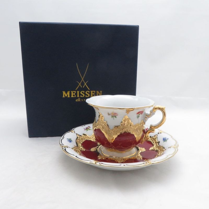 未使用 MEISSEN マイセン Bフォーム 宮廷の小花 ティーカップ＆ソーサー グランツゴールド 紅茶 レア SO4327H1 【中古】
