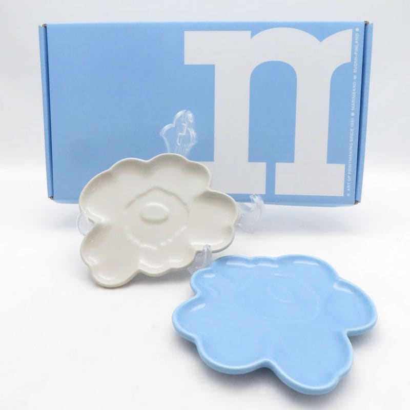 未使用 marimekko マリメッコ ウニッコ シェイププレート 小皿 2枚 変形皿 花 ブルー ライトベージュ 北欧 SO4431 【中古】