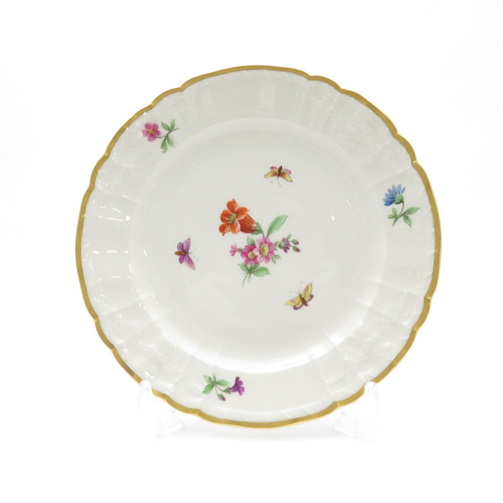 美品 KPM BERLIN KPMベルリン ロカイユ フラワーブーケ 中皿 19cmプレート 花 蝶 金彩 ケーキ デザート SU8310U 【中古】