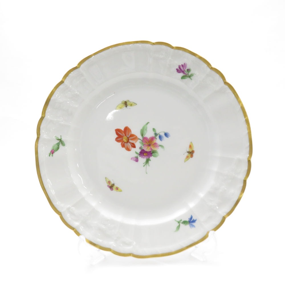 美品 KPM BERLIN KPMベルリン ロカイユ フラワーブーケ 中皿 19cmプレート 花 蝶 金彩 ケーキ デザート SU8315U 【中古】