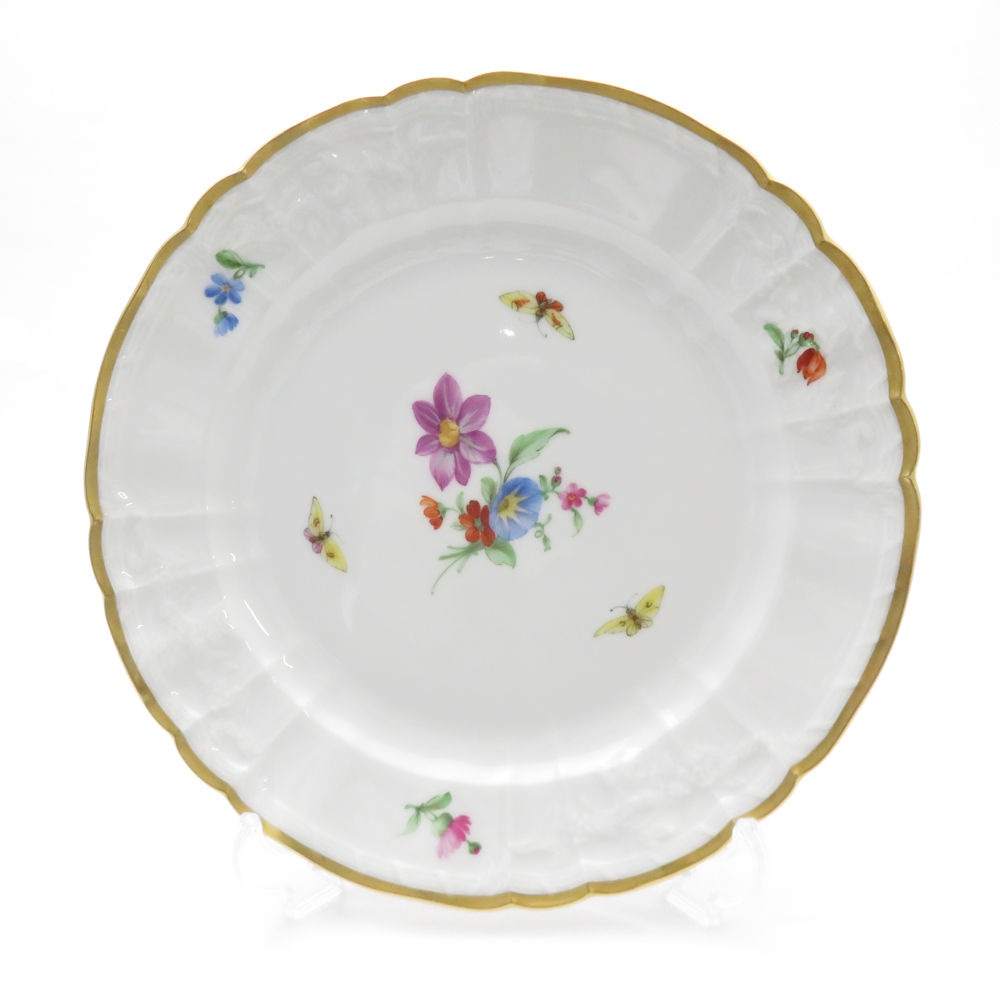 美品 KPM BERLIN KPMベルリン ロカイユ フラワーブーケ 中皿 19cmプレート 花 蝶 金彩 ケーキ デザート SU8317U 【中古】