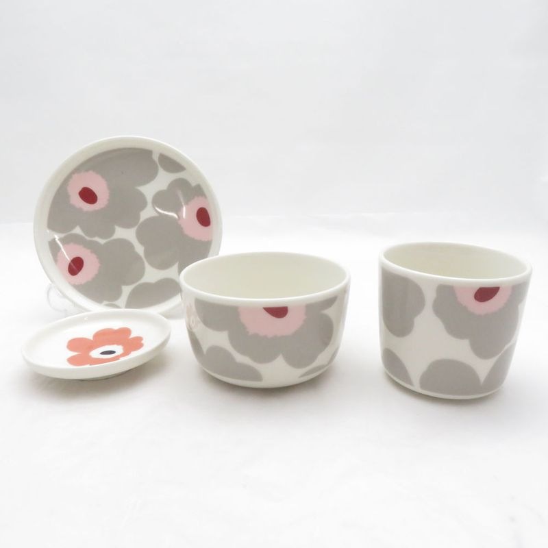 marimekko マリメッコ ウニッコ 小皿 ラテマグ ボウル 4点 セット プレート ピンク グレー 北欧 SO4538X1 【中古】