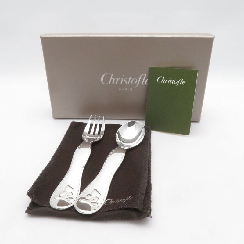 美品 Christofle クリストフル チャーリーベア スプーン＆フォークセット ベビー カトラリー SO4544E2 【中古】