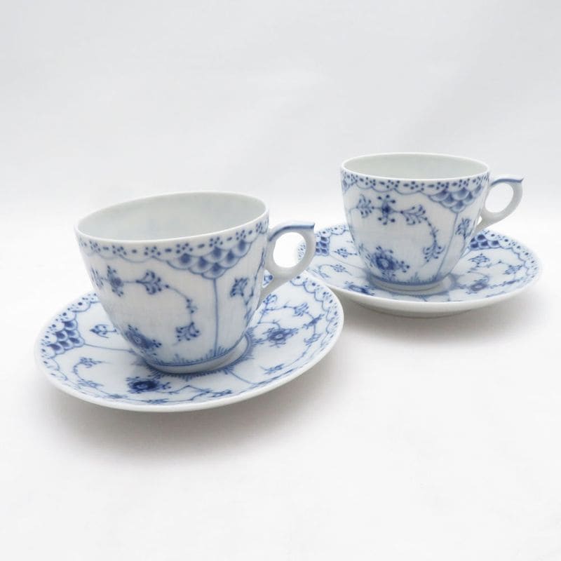 美品 ROYAL COPENHAGEN ロイヤルコペンハーゲン ブルーフルーテッドハーフレース コーヒーカップ＆ソーサー 2客 ペア SM6021Q1 【中古】