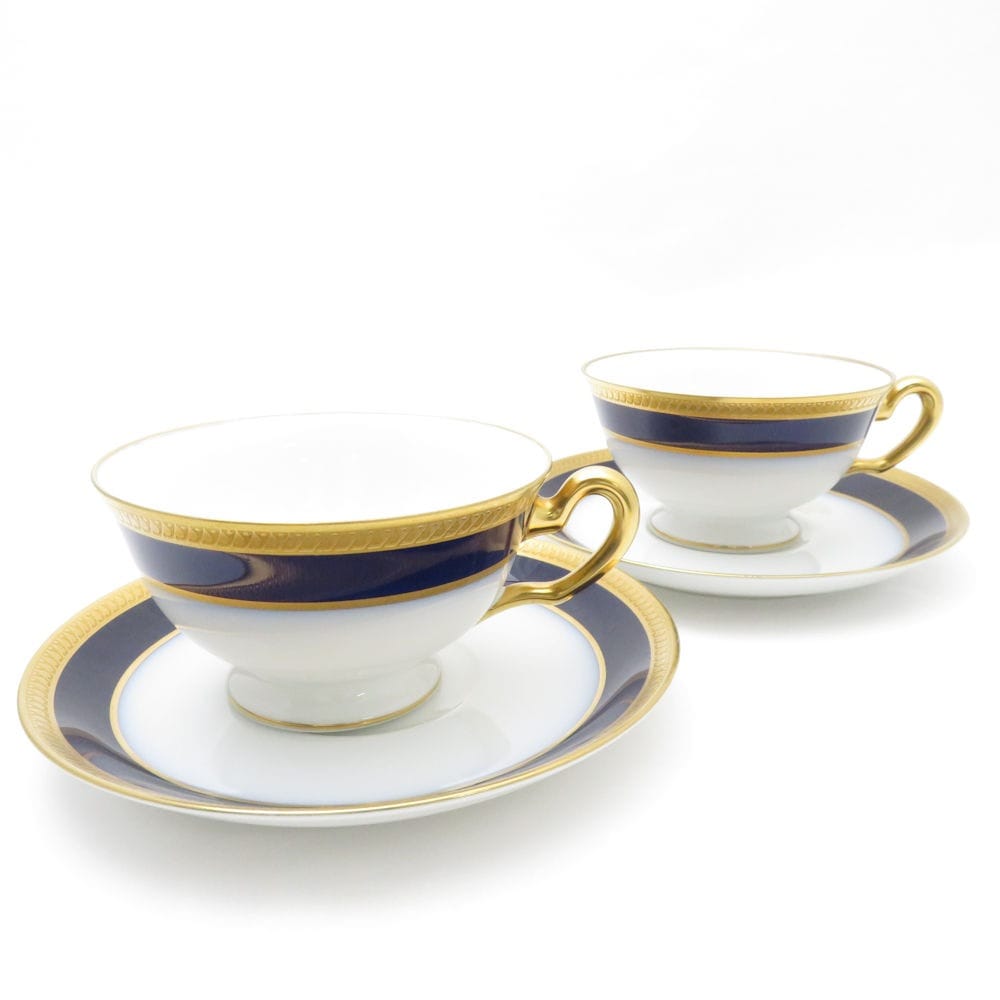 美品 OKURA 大倉陶園 瑠璃片葉金蝕 ティーカップ＆ソーサー 2客 ペア SY10453J 【中古】