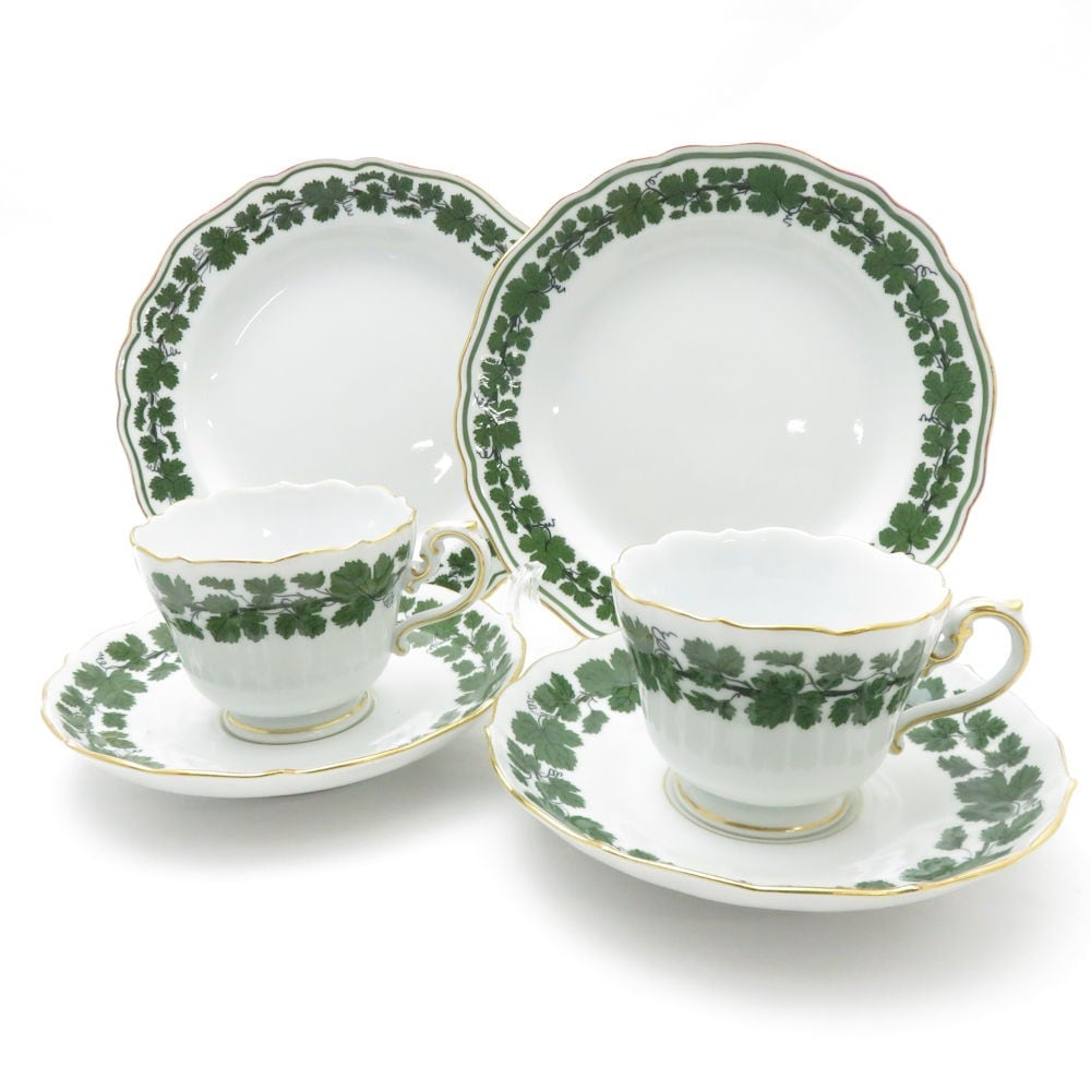 美品 MEISSEN マイセン ワインリーフ カップ＆ソーサー 中皿 4点 トリオ 18cmプレート ティー コーヒー SU8439F 【中古】