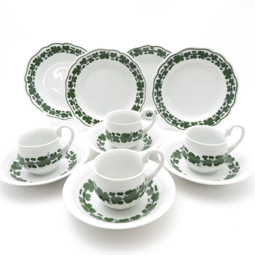 美品 MEISSEN マイセン ワインリーフ モカカップ＆ソーサー 小皿 8点 トリオ 4セット スワンハンドル SU8443F 【中古】