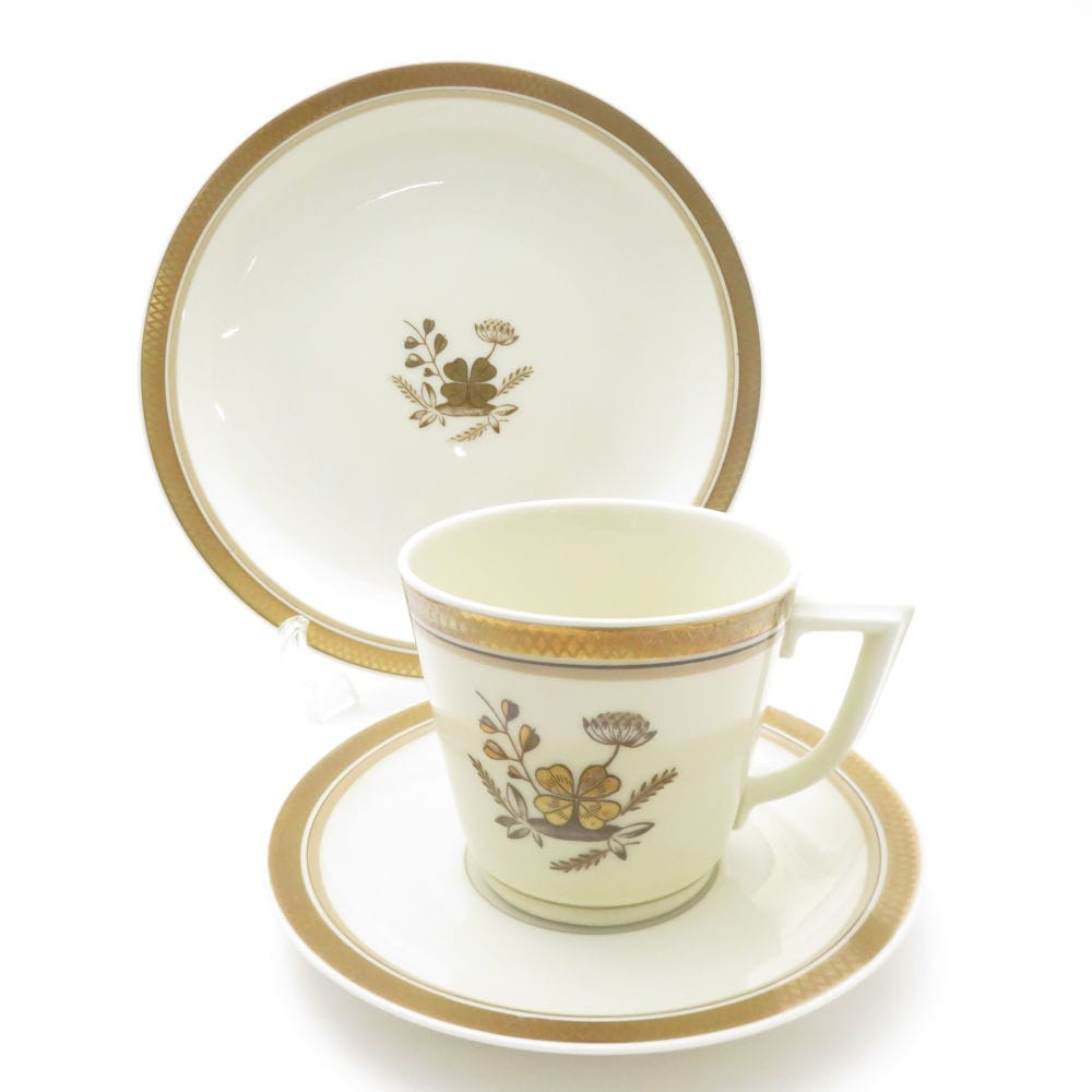 美品 ROYAL COPENHAGEN ロイヤルコペンハーゲン ゴールデンクローバー カップ＆ソーサー 中皿 2点 トリオ デザートプレート パン ケーキ SU8450F 【中古】
