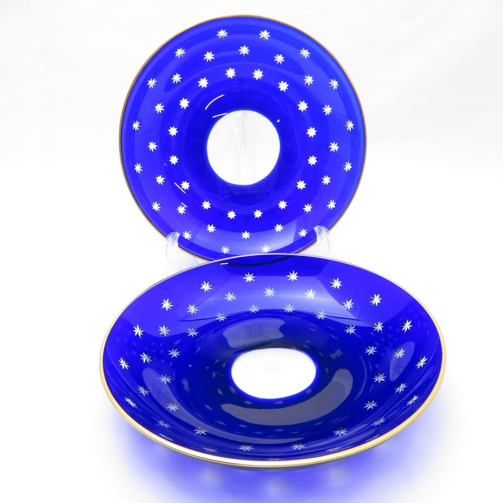 美品 SAINT LOUIS サンルイ 中皿 2枚 クリスタル ペア 19cmプレート 切子 青被せ 金彩 SU8658H 美品 SAINT LOUIS サンルイ 中皿 2枚 クリスタル ペア 19cm