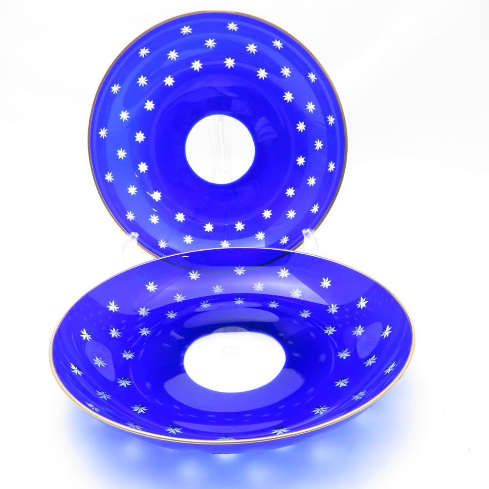 美品 SAINT LOUIS サンルイ 中皿 2枚 クリスタル ペア 19cmプレート 切子 青被せ 金彩 SU8659H 【中古】