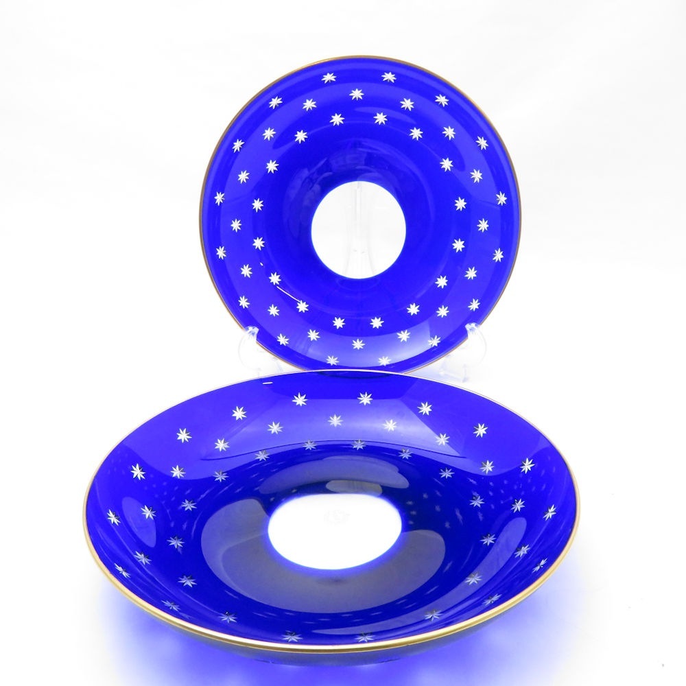 美品 SAINT LOUIS サンルイ 中皿 2枚 クリスタル ペア 19cmプレート 切子 青被せ 金彩 SU8660H 【中古】