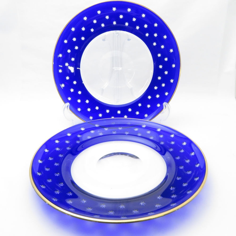 美品 SAINT LOUIS サンルイ 大皿 2枚 クリスタル ペア 29cmプレート 切子 青被せ 金彩 SU8662H 【中古】