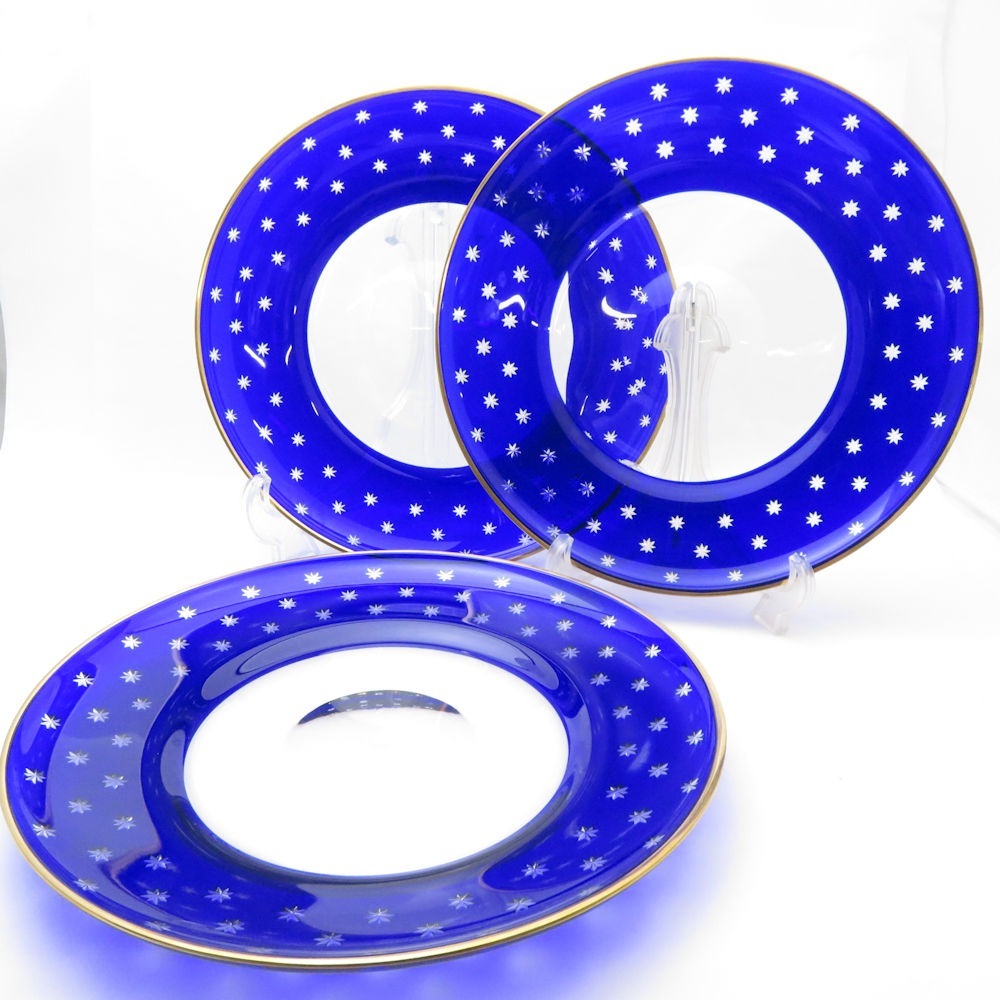 美品 SAINT LOUIS サンルイ 大皿 3枚 クリスタル セット 29cmプレート 切子 青被せ 金彩 SU8663H 【中古】