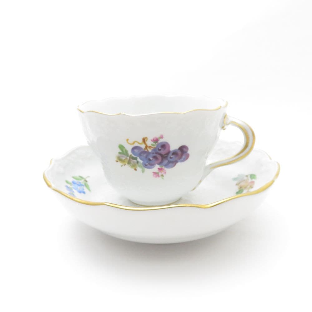 美品 MEISSEN マイセン 果物文様 (240210)3562 カップ＆ソーサー フルーツ レリーフ ティー コーヒー 金彩 SU8679H 【中古】