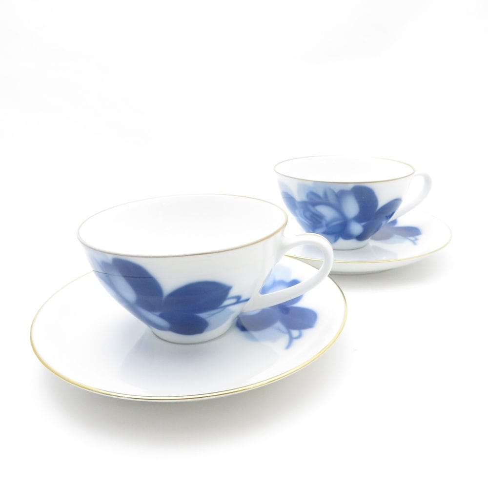 美品 OKURA 大倉陶園 ブルーローズ ティーカップ＆ソーサー 2客 ペア SY10882H 【中古】