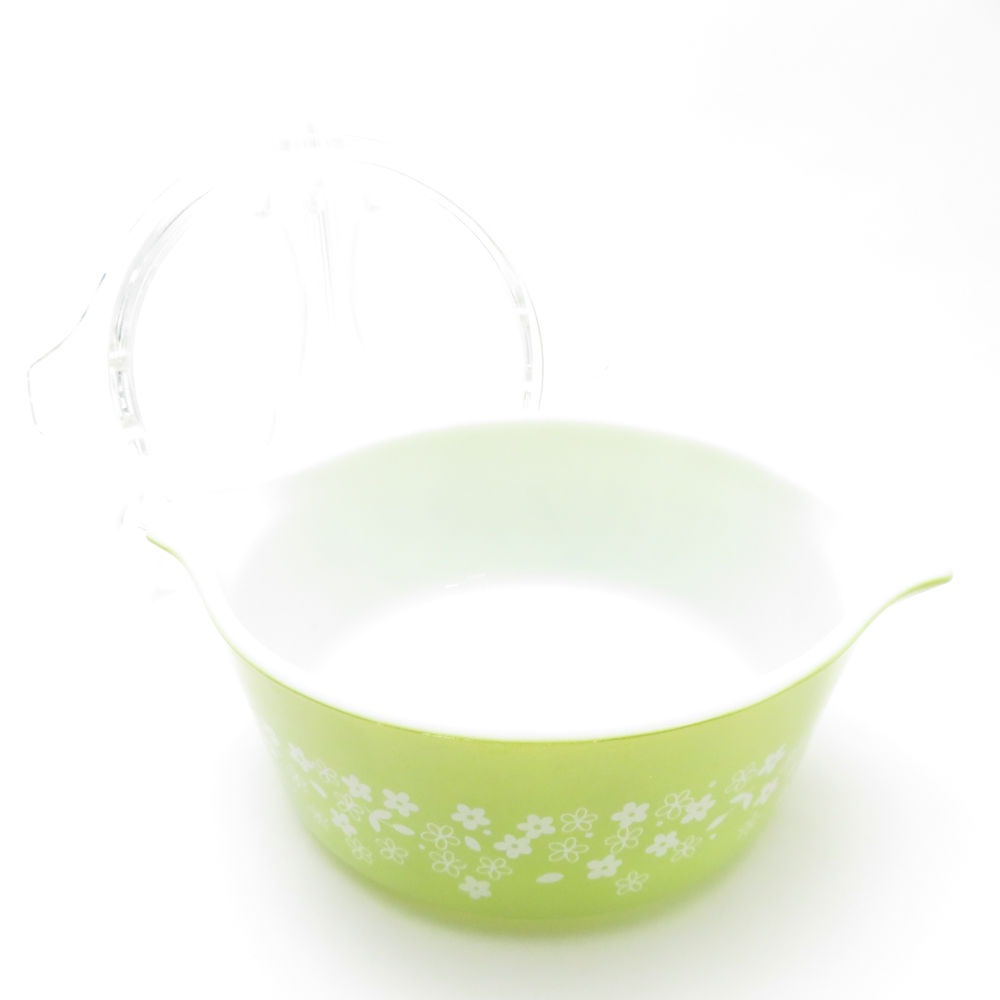 美品 CORNING コーニング オールドパイレックス クレイジーデイジー(スプリングブロッサム) キャセロール オーブン&電子レンジ対応 750ml 黄緑 花柄 鍋 皿 保存容器 料理 USA SU7875A2 【中古】