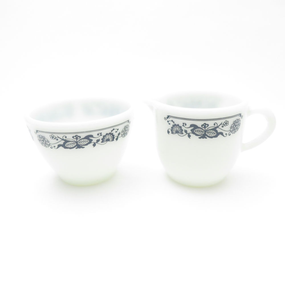 美品 CORNING コーニング オールドパイレックス ブルーオニオン（オールドタウン） シュガー&クリーマー 2点 ミルクガラス セット ボウル 砂糖 クリーム USA 米国 SU7889A2 【中古】