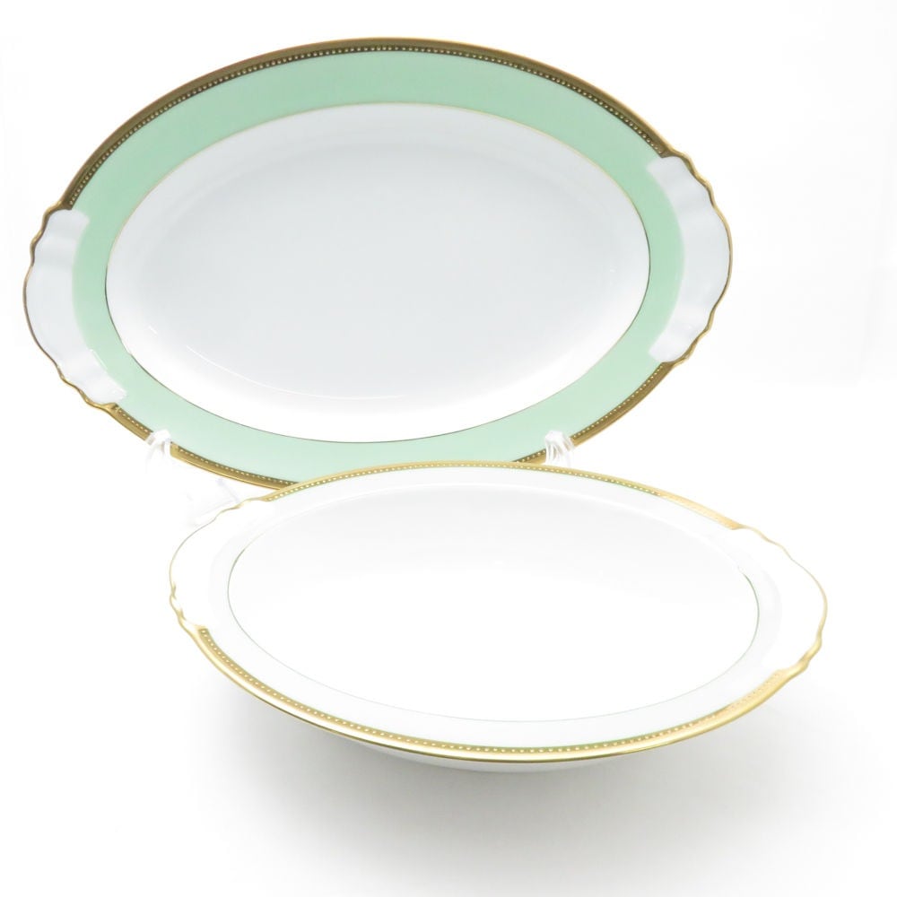 美品 OKURA 大倉陶園 1595 メイグリーン オーバル皿 2枚 セット 27cmプレート 37cmプラター 大皿 金 SU8969H2 【中古】
