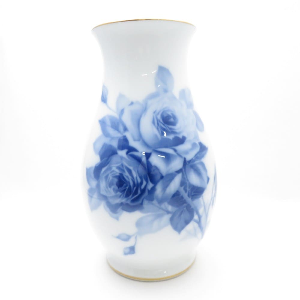 OKURA 大倉陶園 ブルーローズ つぼ型 花瓶 つぼ フラワーベース H31 飾壺 金彩 青薔薇 SU10352B4 【中古】