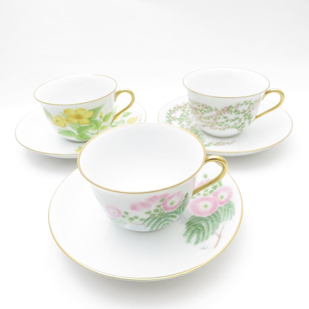 美品 OKURA 大倉陶園 日本花の会 美しい花 カップ＆ソーサー 3客 ST398Q1 【中古】