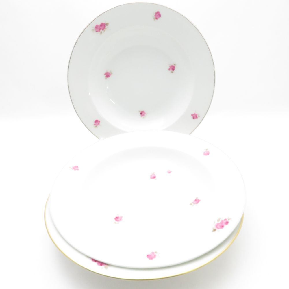 OKURA 大倉陶園 ピンクローズ ディーププレート 3枚 セット 22cm ボウル 深皿 小花柄 金彩 SU10593B2 【中古】