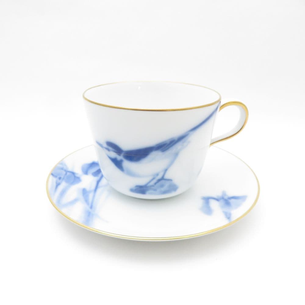 美品 OKURA 大倉陶園 花菖蒲と小鳥 モーニングカップ＆ソーサー 岡染め レア 希少 SY11214D2 【中古】