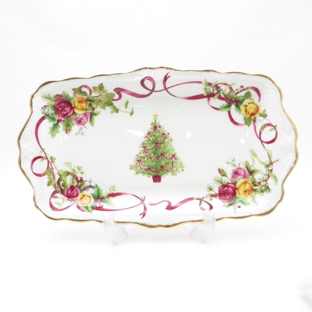 未使用 ROYAL ALBERT ロイヤルアルバート オールドカントリーローズ クリスマスツリー サンドイッチトレイ 30cmプレート 大皿 トレー ホリデー SM3702C1 【中古】
