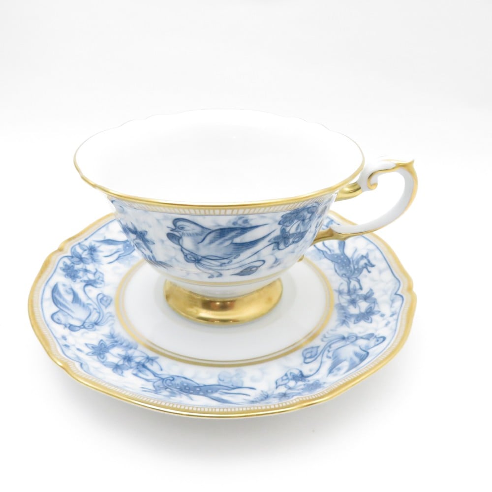 美品 OKURA 大倉陶園 呉須シルクロード カップ＆ソーサー ティー コーヒー 鳥獣草花図 レア SO2792V2 【中古】