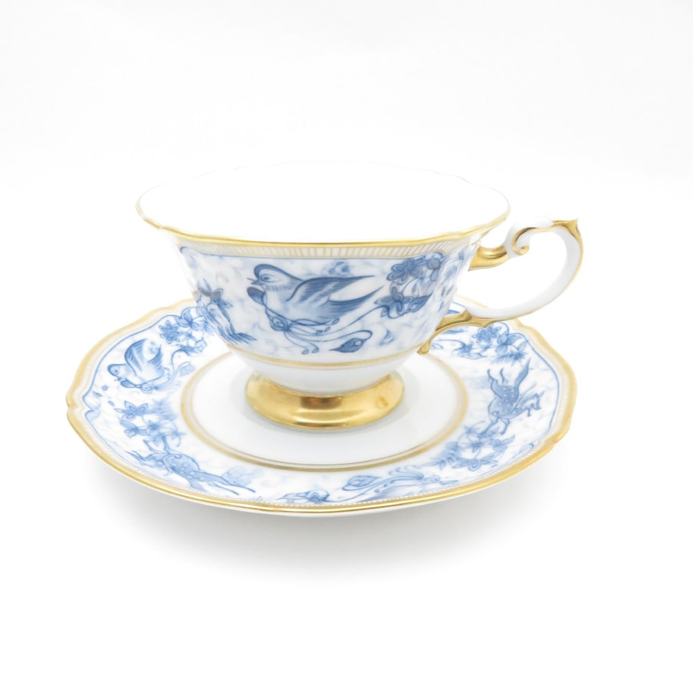 美品 OKURA 大倉陶園 呉須シルクロード カップ＆ソーサー ティー コーヒー 鳥獣草花図 レア SO2793V2 【中古】